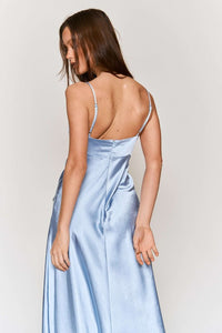 Sky Blue Satin Tie Bust Spaghetti Strap Midi Dress