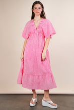 Pink Mineral Washed Elastic Neck Detail Midi Dress