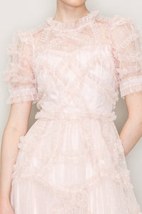 Blush Short Sleeves Dotted Tulle Ruffle Maxi Dress