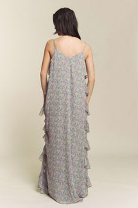 Sage Combo Floral Rufflr Spaghetti Strap Maxi Dress