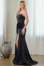 Black Elegant Strapless Satin Trumpet Dress With 3D Rosette