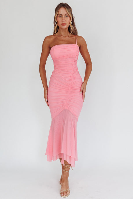 Pink One Shoulder Knit Ruched Detail Maxi Dress