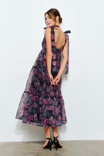 Black Multi Organza Floral Printed Tiered Midi Dress