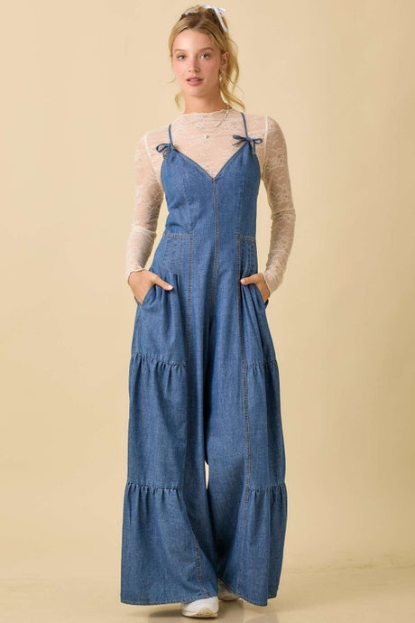 Denim Sleeveless Jumpsuit With Wide Leg Loose Fit
