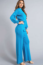 Blue Banded Wrist Knit Top And Bottom Set