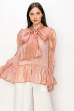 Mauve Shimmer Long Sleeve Neck Ribbon Button Down Top