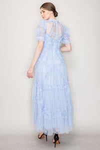 Lt.Blue Short Sleeves Dotted Tulle Ruffle Maxi Dress