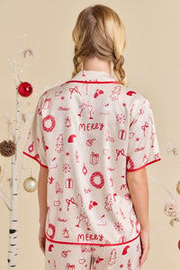 Ivory Multi Cream Holiday Print Pajama Set - Festive Sleepwear