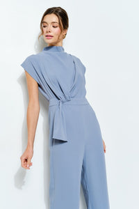 Cornflower Blue High Neck Draped Waist Cap Sleeve Jumpsuit