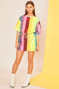 Neon Rainbow Color Block Sequin Tunic Top