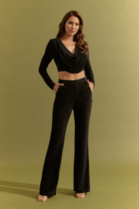Black Knit Long Sleeve Cowl Neck Top And Pants Set
