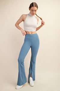 Dusty Blue Recycled Butter High Waist Full Length Flared Legg