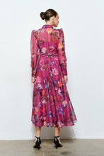 Berry Floral Organza Puff Sleeve Belted Shirt Dress