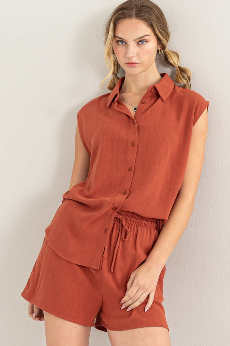 Baked Clay Set-Linen Shirt And Shorts Set