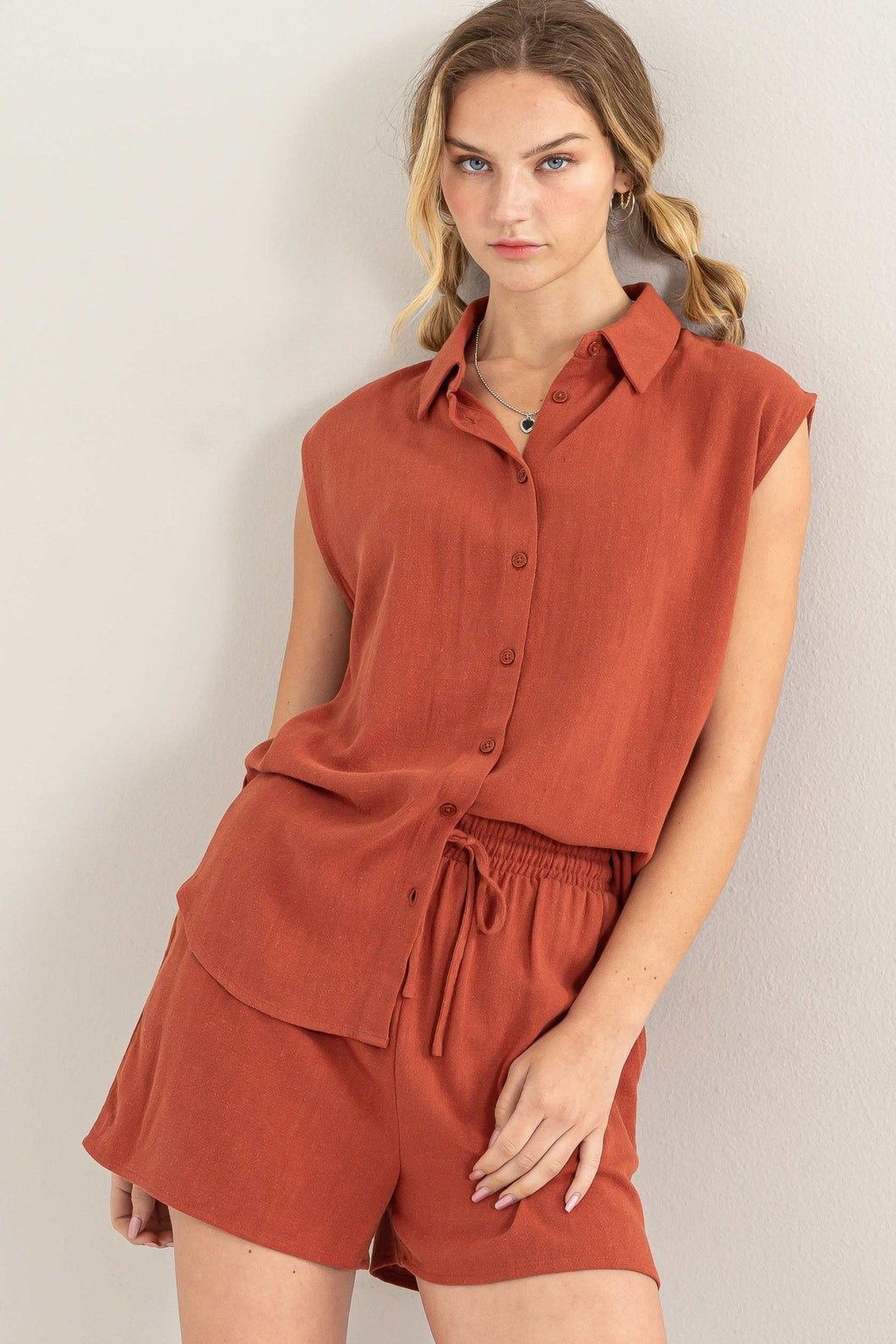 Baked Clay Set-Linen Shirt And Shorts Set
