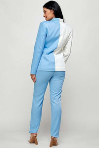 Blue/Ivory Two Tone Color Solid Blazer Pants Set