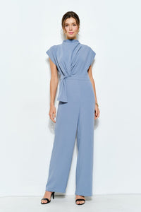 Cornflower Blue High Neck Draped Waist Cap Sleeve Jumpsuit