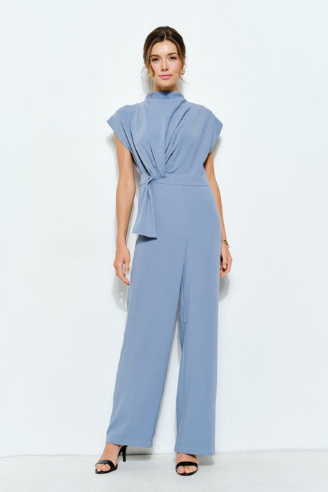 Cornflower Blue High Neck Draped Waist Cap Sleeve Jumpsuit