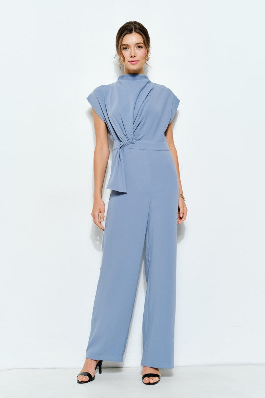 Cornflower Blue High Neck Draped Waist Cap Sleeve Jumpsuit