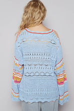 Blue Multi Round Neck Long Sleeve Striped Solid Sweater Top