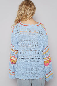 Blue Multi Round Neck Long Sleeve Striped Solid Sweater Top