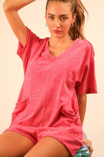 Pink Mineral Washed Oversized Casual Knit Romper