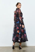 Black Floral Organza Puff Sleeve Belted Shirt Dress