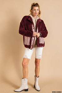 Wine Combo Sherpa Contrast Ethnic Printed Jacket