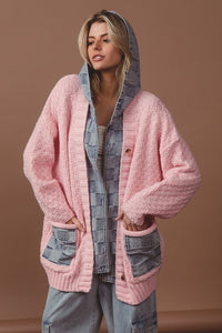 Blush/Denim Washed Checker Denim Zip Up Sweater Cardigan