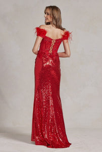 Red One-Shoulder Sequin Slit Long Evening Dress