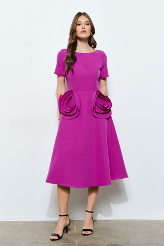 Grape Elegant Rose Applique A-line Midi Dress