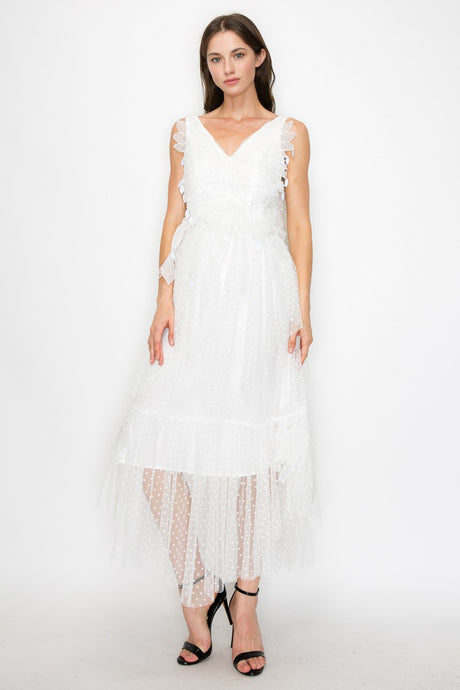 White Sleeveless Rhythmic Appliqued Tulle Midi Dress