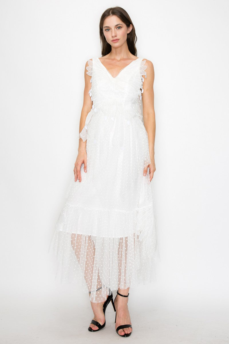 White Sleeveless Rhythmic Appliqued Tulle Midi Dress
