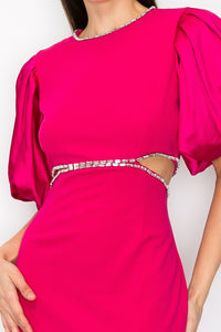 Pink Puff Sleeves Rhinestione Side Cutout Maxi Dress