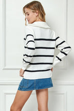 White Stripe Knit Zip-up High Collared V-neck Sweater