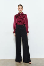 Wine Chic Satin Ruffled Jeweled Bell Sleeves Blouse Top