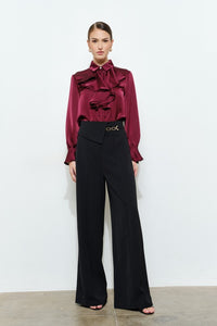 Wine Chic Satin Ruffled Jeweled Bell Sleeves Blouse Top