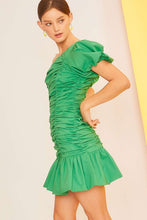 Kelly Green Puff Sleeve Ruffle Mini Shirring Dress