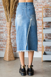 Med Wash Front And Back Slit Denim Long Skirt