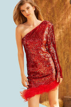 Red Asymmetry Bottom Feather Trim Sequin Dress