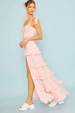 Pink Shoulder Self tie Edge Lace Belt Ruffle Maxi Dress