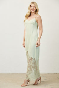 Lime Green Woven Solid And Lace Mixed Cami Maxi Dress