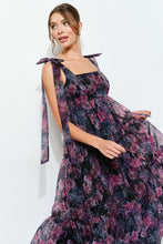 Black Multi Organza Floral Printed Tiered Midi Dress