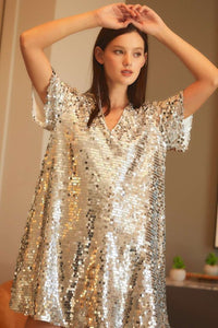 Silver Big Sequin V-neck Mini Dress