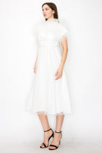 White Tulle Pleated Floral Short Sleeve Midi Dress