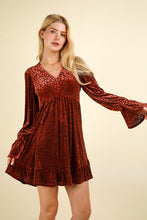 Rust Leopard Velvet Ruffled Holiday Mini Dress