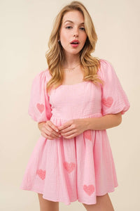 Pink Heart Patch Gauze Valentine Romper