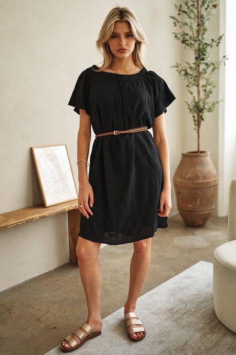 Black Textured Off Shoulder Dress with Ruffle Edge