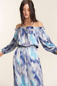 Blue Combo Offshoulder Tiedye Satin Jumpsuit