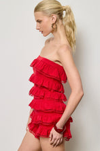Red Strapless Ruffle Lace Trim Romper